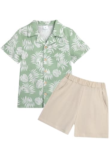 Dolxico Toddler Baby Boy Outfits Summer Clothes Kids Print Pattern Short Sleeve Button Down Shirt & Elastic Waist Casual Beach Shorts Set with Pockets 4-5T Light Green - Image 1