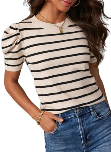 Dokotoo Womens Summer Blouses Short Puff Sleeve Striped Knit Tops Crewneck Casual Blouses Elegant Ribbed Knit Oversized Shirts X-Large - Image 1