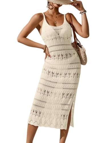 BreathSunny Womens Oversized Crochet Floral Knit Sleeveless Swimsuit Coverup Summer 2025 Scoop Neck Side Slit Swimwear Coverups Beach Swim Bikini Bathing Suit Cover Up Midi Dress Apricot L - Image 1