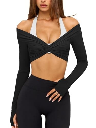 LASLULU Womens Black Long Sleeve Workout Tops Sexy Off the Shoulder Twist Front Bolero Shrugs Yoga Gym Ballet Wrap Tops Pilates Outfits (Black, X-Small) - Image 1