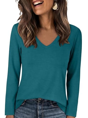 ANRABESS Women's Long Sleeve Shirts V Neck Top, Teal Blue, XL - Image 1