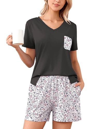 Heymoments Women's Pajama Sets 2 Piece Print Floral XX-Large Soft Summer Short Sleeve Ladies V-Neck Lounge with Pockets Breathable Sleepwear Comfy Nightwear Womens Pjs Set - Image 1