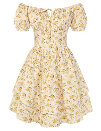 Scarlet Darkness Floral Corset Dress Summer Dresses for Women Girls 2026 Short Milkmaid Sundress with Pocket Yellow Floral S - Image 1