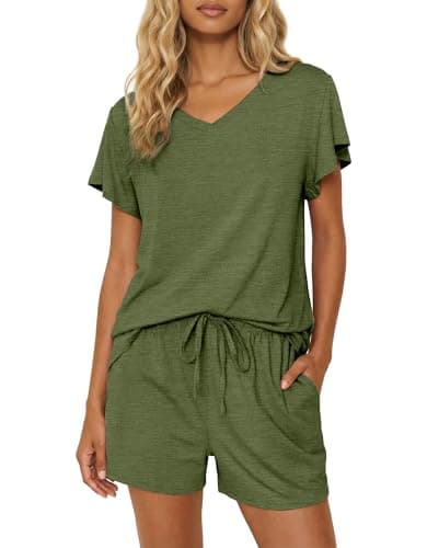 Ekouaer Pajamas Set Women Casual Ruffle Sleeves Soft Comfy Loungewear Set with Pockets,Medium,Dark Olive Green - Image 1