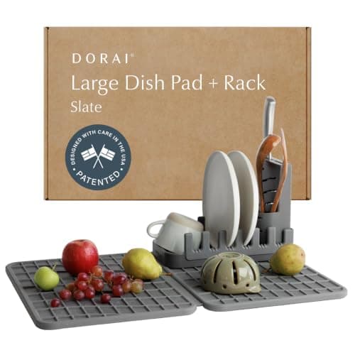 Dorai Home Collapsible Dish Drying Rack and Stone Dish Pad – Large Foldable Drying Rack with Instant - Dry Stone Mat –Space-Saving Drainer Rack for Kitchen Counter - 24.6" x 16.5", Slate - Image 1