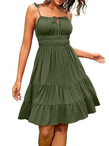 ZAFUL Women Summer Dresses Spaghetti Strap Tie Front Sleeveless Short Dress Baby Doll Swing Ruffle Country Concert Sundresses 2025 ArmyGreen S - Image 1