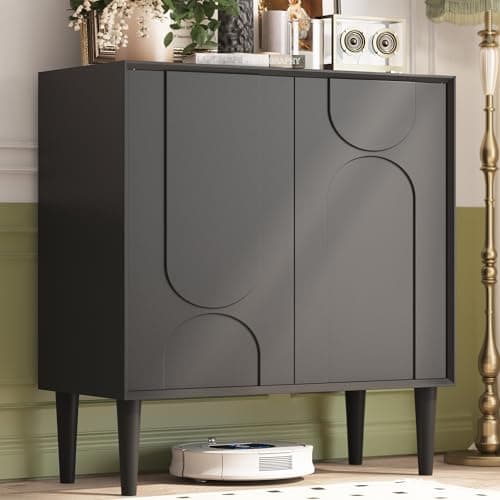 Easyego 31.5″ Mid Century Modern Sideboard Buffet Cabinet, Black Wood Accent Storage with 2 Doors & Adjustable Shelves for Living Room, Entryway, Dining Room - Image 1