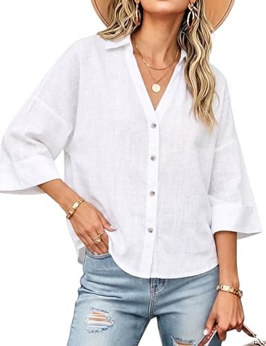Watashi Women Oversized Button Down Shirt 3/4 Sleeve Summer Blouse(White-M) - Image 1