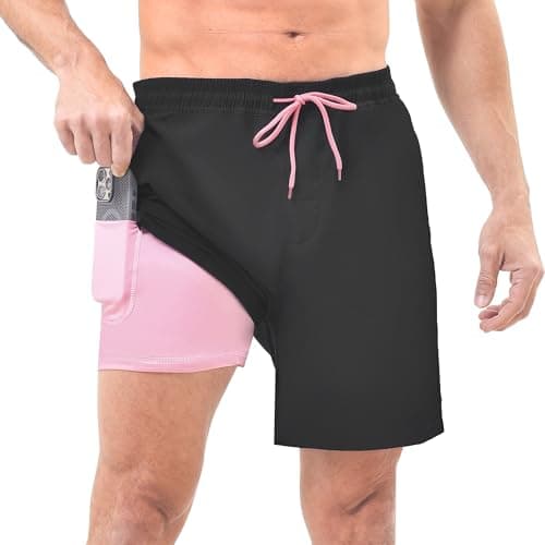 Ipletix Mens Swim Trunks 2 in 1 with Compression Liner 7 Inch Quick Dry with Pockets Board Shorts Black XXL - Image 1