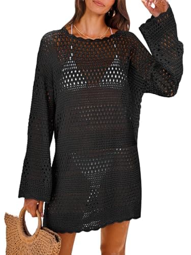 ANRABESS Women Swimsuit Crochet Swim Cover Up 2026 Summer Bathing Suit Swimwear Mesh Knit Beach Dress Vacation Outfits Black Small - Image 1