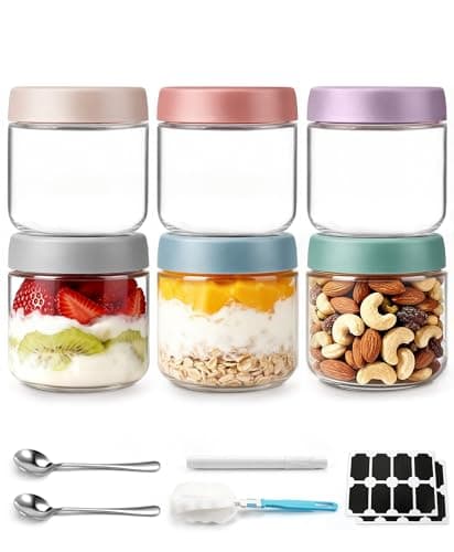 6 pack 10 oz Overnight Oats Containers with Lids and Spoons Glass Jars with Airtight Lids: Wide Mouth Mason Salad Jars, Leakproof and Reusable Glass Food Storage Container for Yogurt Snacks Spice