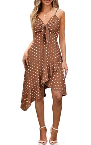 ECOWISH Polka Dot Women Summer Dress Midi A Line Ruffle High Low Sleeveless Boho Floral Halterneck Cocktail Tie Knot Sundress 91Coffee Large - Image 1