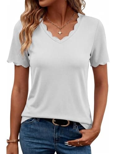 Humordream Womens Short Sleeve Tops Scalloped V Neck Dressy Casual Summer Trendy T Shirts Basic Tee White - Image 1