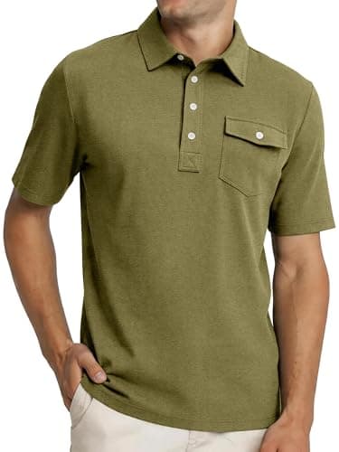 JEMLDL Short Sleeve Polo Shirts for Men Summer Quick Dry Stretch Slim Fit Golf Shirt with Pocket 4 Button Placket Olive XL - Image 1