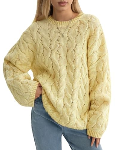 Women's Oversized Cable Knit Sweater Crewneck 2025 Fall Chunky Pullover Sweaters Top Casual Loose Trendy Knit Outfit(Yellow,M) - Image 1