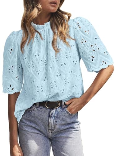 PRETTYGARDEN Summer Tops for Women 2026 Short Sleeve Embroidered Eyelet Shirts Dressy Casual Blouses Spring Fashion Clothes(Light Blue,X-Large) - Image 1