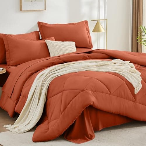 FUANNA 7 Pieces Full Size Comforter Sets, All Season Bedding Sets Full Size, Luxury Soft Bed in a Bag with Comforter, Flat Sheet, Fitted Sheet, Pillowcases & Pillow Shams, Burnt Orange - Image 1