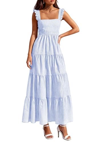 PRETTYGARDEN Womens 2026 Summer Casual Maxi Dresses Striped Square Neck Sleeveless Boho Flowy Sundress Beach Vacation Clothes (Light Blue,Medium) - Image 1