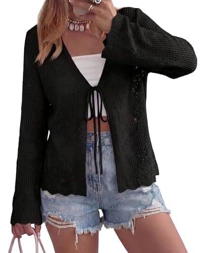 BTFBM Summer Cardigans for Women Lightweight 2026 Spring Crochet Hollow Out Long Sleeve Tie Front Beach Vacation Coverups(Black, Small) - Image 1