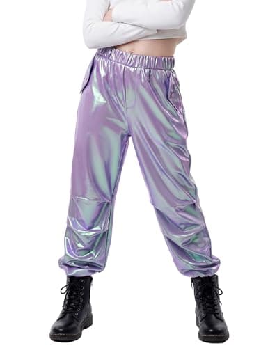 Stelle Girls Metallic Cargo Pants Shiny Hip Hop Dance Joggers Sparkly Stretchy Wide Leg Street Pants for Kids,Iridescent Purple,4-5 Years - Image 1