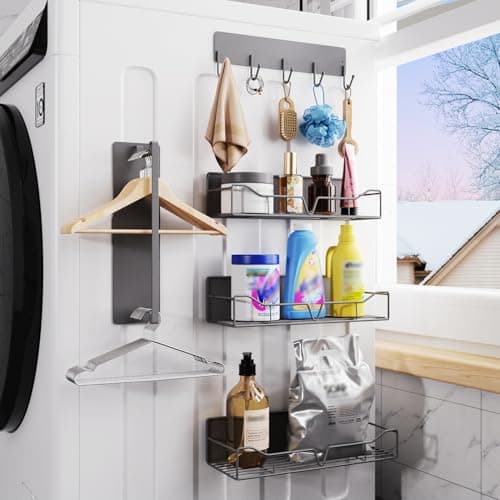 Magnetic Laundry Shelf Organizer, 5 Pack Magnetic Shelves for Washing Machine with Hooks, Heavy Duty Magnetic Storage Rack for Washer, Dryer, Refrigerator, Kitchen, Pantry & Laundry (Grey) - Image 1