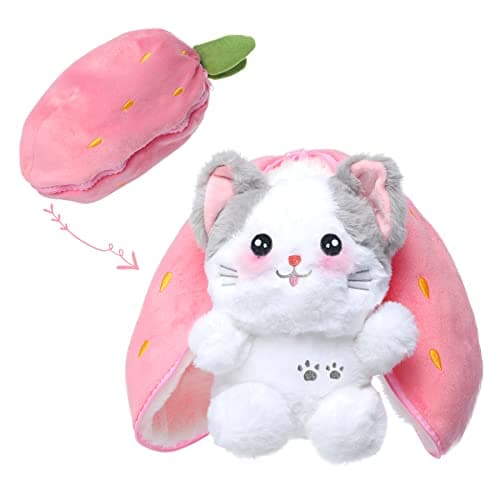 MIAODAM Cat Plush Stuffed Animals, Cute Reversible Strawberry Turn Into Cat Zip Plush, Funny Plushies Toy in A Strawberry Stuffie for Kid (7.8inch) - Image 1