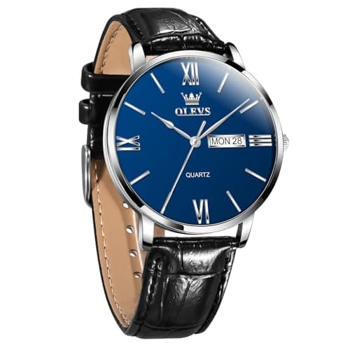 OLEVS Mens Watch Analog Dress Mens Leather Watch Casual Classic with Date Day & Large Number Men Watches Leather Band Blue Face Big Men’s Wrist Watches Minimalist Elegant Reloj para Hombre - Image 1
