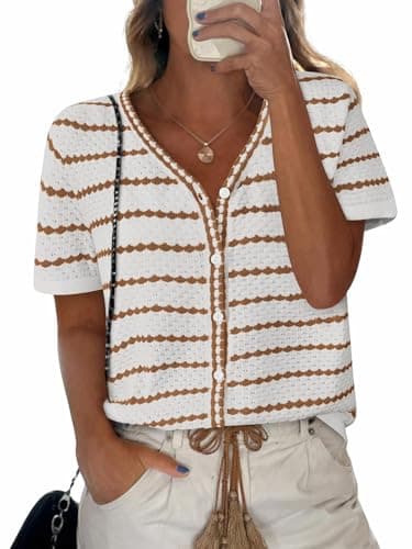 NALANISA Women's Summer Button Down Striped Shirts Casual Short Sleeve V Neck Crochet Knit Blouse Tops Lightweight Cardigans (Brown,XXL) - Image 1