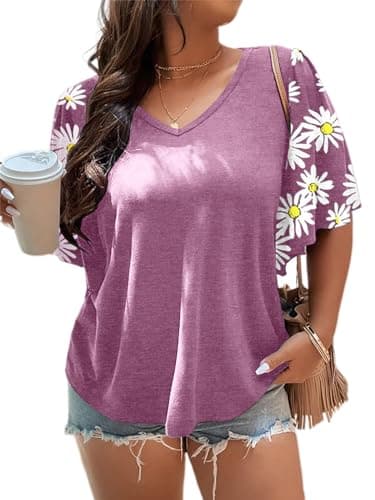 HDLTE Women Plus Size Tops Bell Sleeves Floral Print Shirt Casual Plus Size Blouse (Lavender, 3X) - Image 1