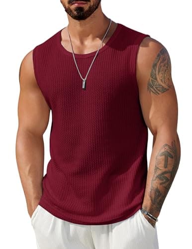 COOFANDY Mens Casual Tank Tops Waffle Knit Sleeveless Shirt Breathable Tank Shirts Summer Muscle Tee Wine Red M - Image 1