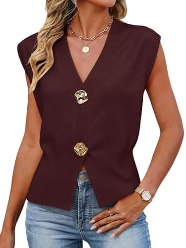 Bellcoco Sweaters for Women Sleeveless V Neck Lightweight Cropped Sweater Vest Ribbed Knit Pullover Casual Trendy Tank Tops Spring Summer Outfits 2026 Burgundy Small - Image 1