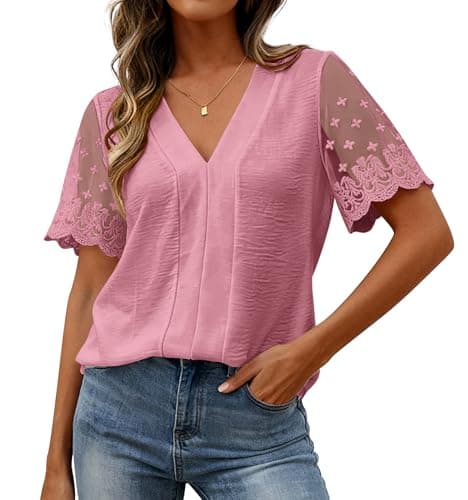 Zenlonr Women Tops Summer 2026 Short Sleeve Shirts Spring Vacation Fashion Dressy Casual Business V Neck Blouses(Pink,Medium) - Image 1