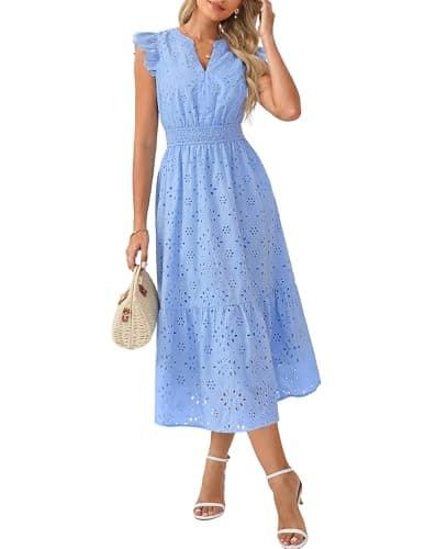 GRACE KARIN Womens Summer Boho Maxi Dress Casual 2026 Spring V Neck Eyelet Dresses Flowy Vacation Beach Sundress with Pockets Light Blue L - Image 1