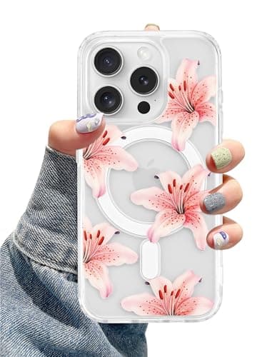 Aitipy Lily Phone Case for iPhone 14 Pro Max, Compatible with MagSafe, Cute Clear TPU Slim Shockproof Protective Phone Cover for Women Girls, Pink Lily - Image 1