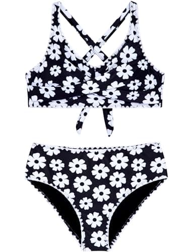 HOZIY Juniors Swimsuits Girls Bathing Suits Kids Crisscross V Neck Triangle Bikini Sets Juniors Swimming Suit Tween Swimwear Size 9-10 Black Floral