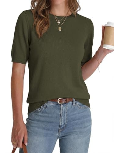 BTFBM Summer Tops Short Sleeve Sweater for Women Crew Neck Lightweight Knit Pullover Loose Dressy Casual Blouse Clothing(Army Green, Small) - Image 1