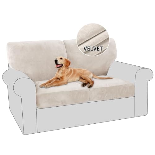 PrinceDeco 4 Piece Luxury Thick Velvet Sofa Covers(2 Base Cover Plus 2 Seat Cushion Covers) Couch Covers for 2 Cushion Couch Sofa Couch Cover for Dogs, Machine Washable(Loveseat, Ivory) - Image 1