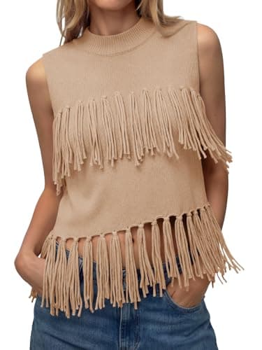 Tankaneo Womens Fringe Knit Tank Tops Summer Trendy Casual High Neck Sleeveless Shirts Boho Loose Fit Sweater Vest Khaki - Image 1