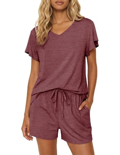 Ekouaer Pajamas Set Women Casual Ruffle Sleeves Soft Comfy Loungewear Set with Pockets,Small,Deep Red - Image 1