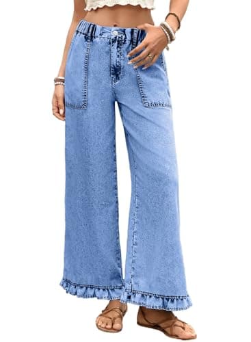 Astylish Womens Jeans High Waisted Pull On Wide Leg Bootcut Trousers Stretchy Vintage Boho Ruffle Hem Ankle Denim Jeans Mist Blue Size 18 - Image 1