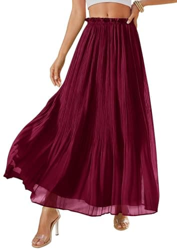 PRETTYGARDEN Long Skirts for Women Summer Vacation Outfits 2026 Spring Chiffon Elastic Waist Flowy A-Line Pleated Midi Skirt(Wine Red,X-Large) - Image 1
