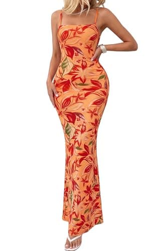 BTFBM Womens Maxi Dress 2026 Spring Floral Sexy Spaghetti Straps Sleeveless Bodycon Summer Beach Wedding Guest Dresses(Floral Yellow Red, Medium) - Image 1
