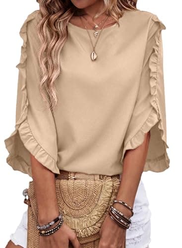 EVALESS 3/4 Length Sleeve Womens Tops Summer Outfits 2026 Dressy Casual Blouses Trendy Crewneck Ruffle Sleeve Shirts Business Office Work Tops Fashion Clothing Smoke Gray XX-Large - Image 1