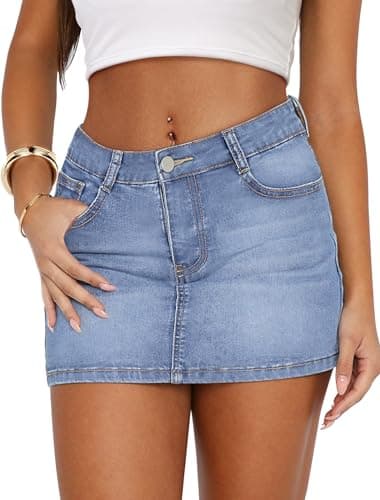 IWD Denim Mini Skirt Women Casual Stretch Jean Skirt Zip Fly Low Waisted Denim Skirt with Pockets Light Blue X-Small - Image 1