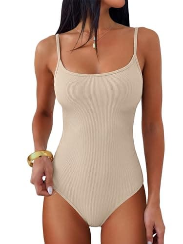 ANRABESS Women Bodysuits Square Neck Spaghetti Straps Sleeveless Cami Top Summer Backless Ribbed Knit Basic Body Suits Almond Small