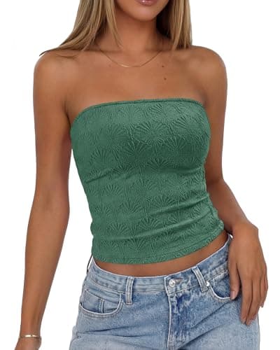 BTFBM Tube Tops for Women Summer Clothes 2026 Backless Strapless Flower Lettuce Trim Slim Fit Going Out Bandeau Top(Green, Large) - Image 1