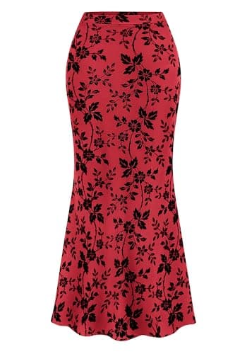 BTFBM Womens Floral Mesh Maxi Skirt 2026 Spring Summer Elastic High Waisted Boho Elegant Mermaid Long Skirts for Women(Red, Small) - Image 1