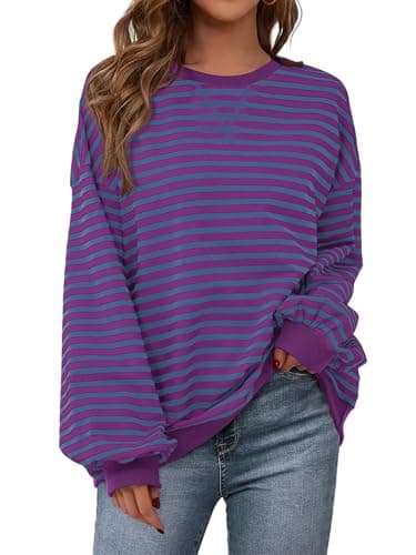 PRETTYGARDEN Womens Striped Oversized Sweatshirt Color Block Crew Neck Long Sleeve Casual Loose Pullover Top Y2K Clothes (Blue Purple, Large) - Image 1