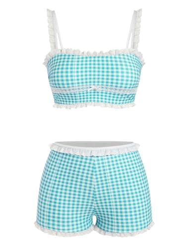 ZAFUL Womens High Waisted Bikini Sets 2 Piece Plaid Ruffle Swimsuits Back Strap Top with High Waisted Shorts Bathing Suit Mint Blue M - Image 1