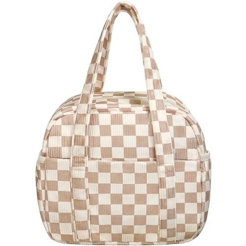 Yarnic Lunch Bag Women Insulated, Large Corduroy Lunch Box for Work with Bottle Pockets, Stylish Reusable Cooler Tote for Adults Teachers Picnic (Checkered Brown) - Image 1